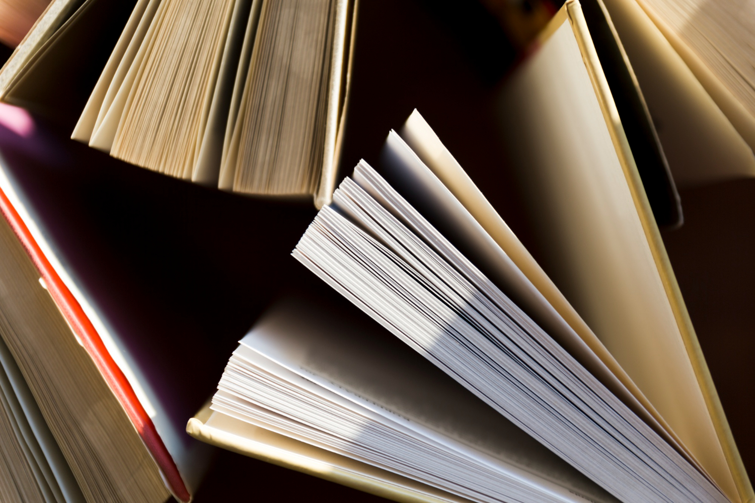 Zbliżenie na otwarte książki ułożone obok siebie, widoczne z góry. Strony są rozchylone, a światło podkreśla kontrast między białymi i pożółkłymi kartkami.